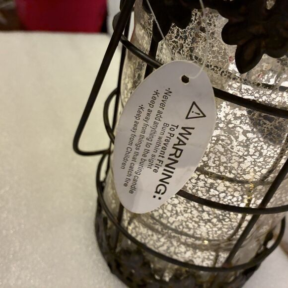 Decorative Metal And Speckled Glass Candle Holders. 2 Pieces. 8” W/out Handle - Picture 4 of 7